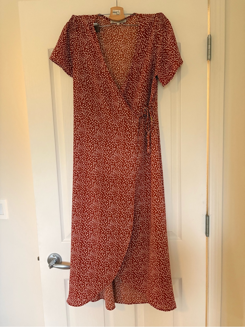 Rust Red Polka Dot Wrap Midi Dress with Tie-Waist